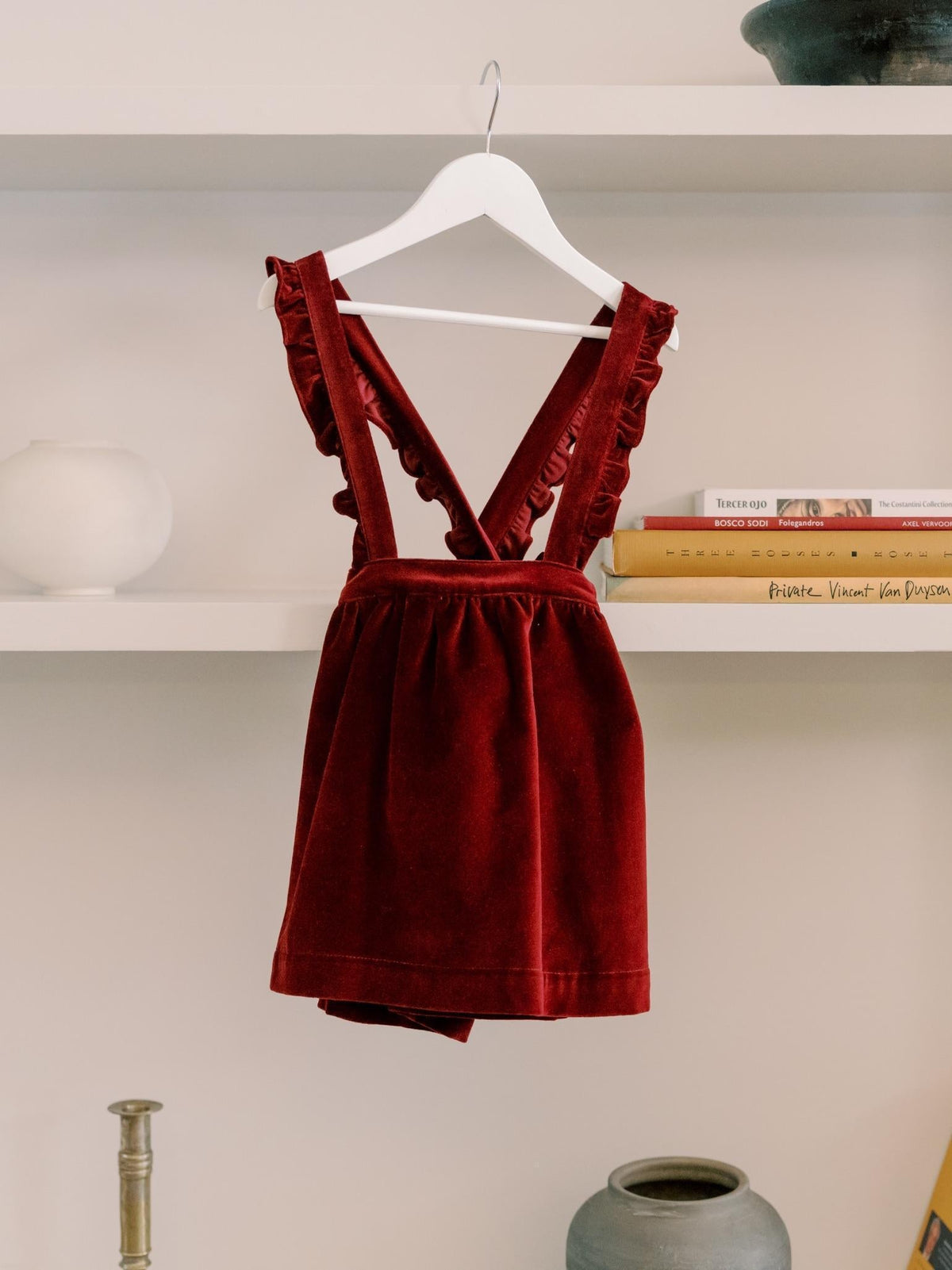 Burgundy Reina Velvet Girl Pinafore Skirt