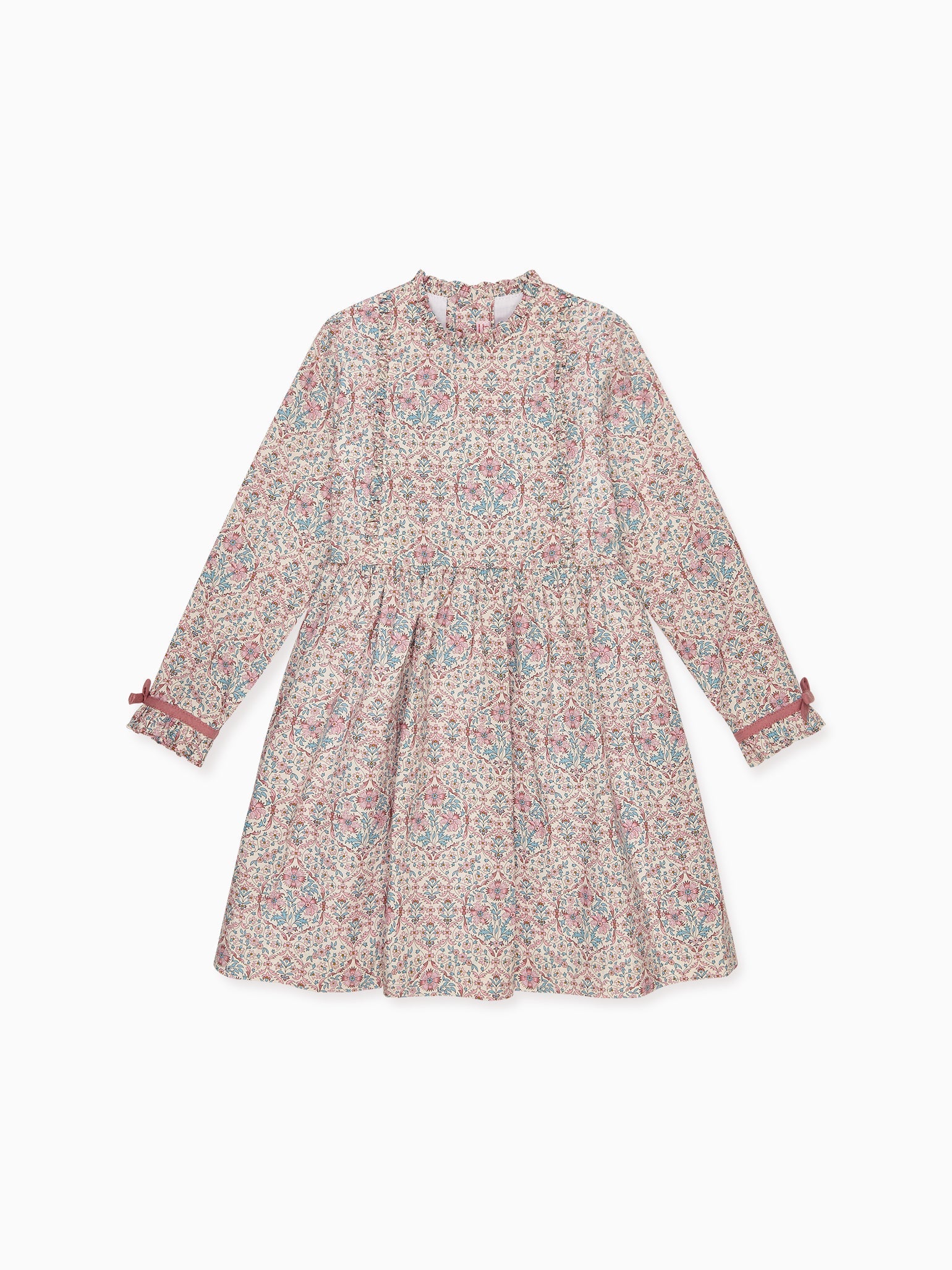 Floral patterned long-sleeve cotton dress with ruffled neckline and cuffs, featuring soft pink and green hues for a vintage charm.