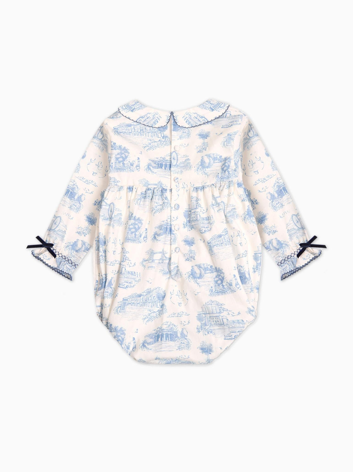 Blue Toile De Jouy Sabrina Baby Girl Smocked Romper