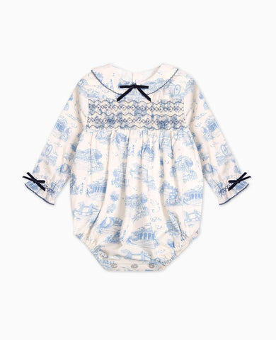 Blue Toile De Jouy Sabrina Baby Girl Smocked Romper