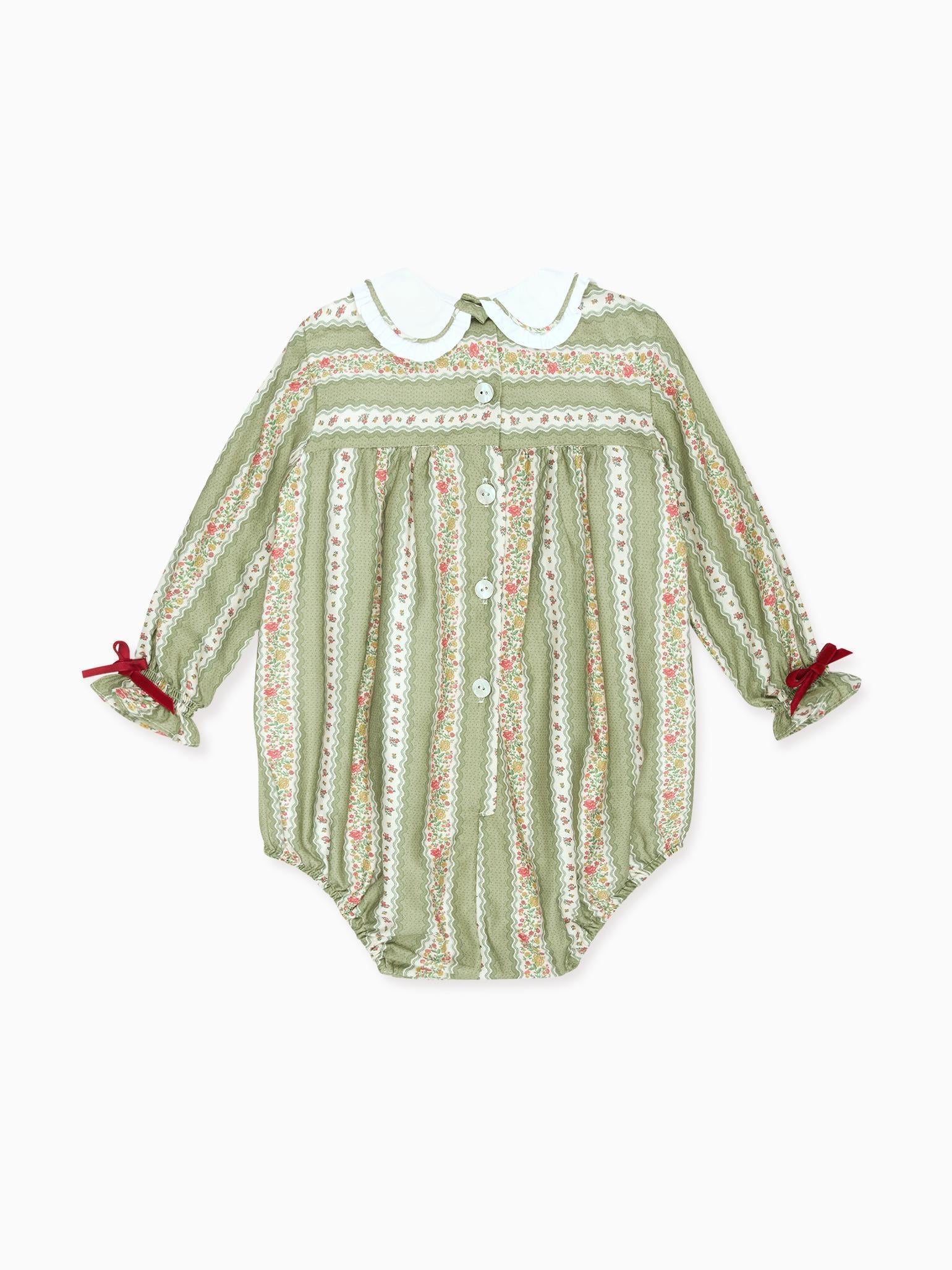 Sage Green Floral Stripe Senna Baby Girl Romper