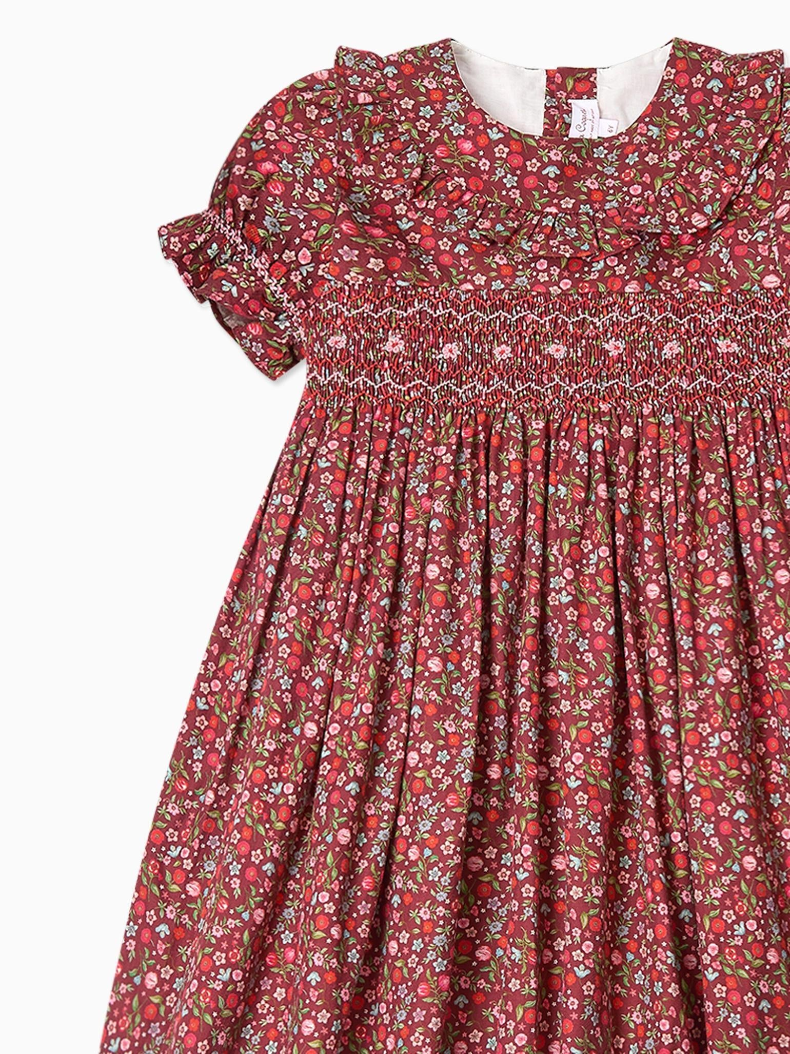 Burgundy Floral Silvana Girl Hand-Smocked Dress