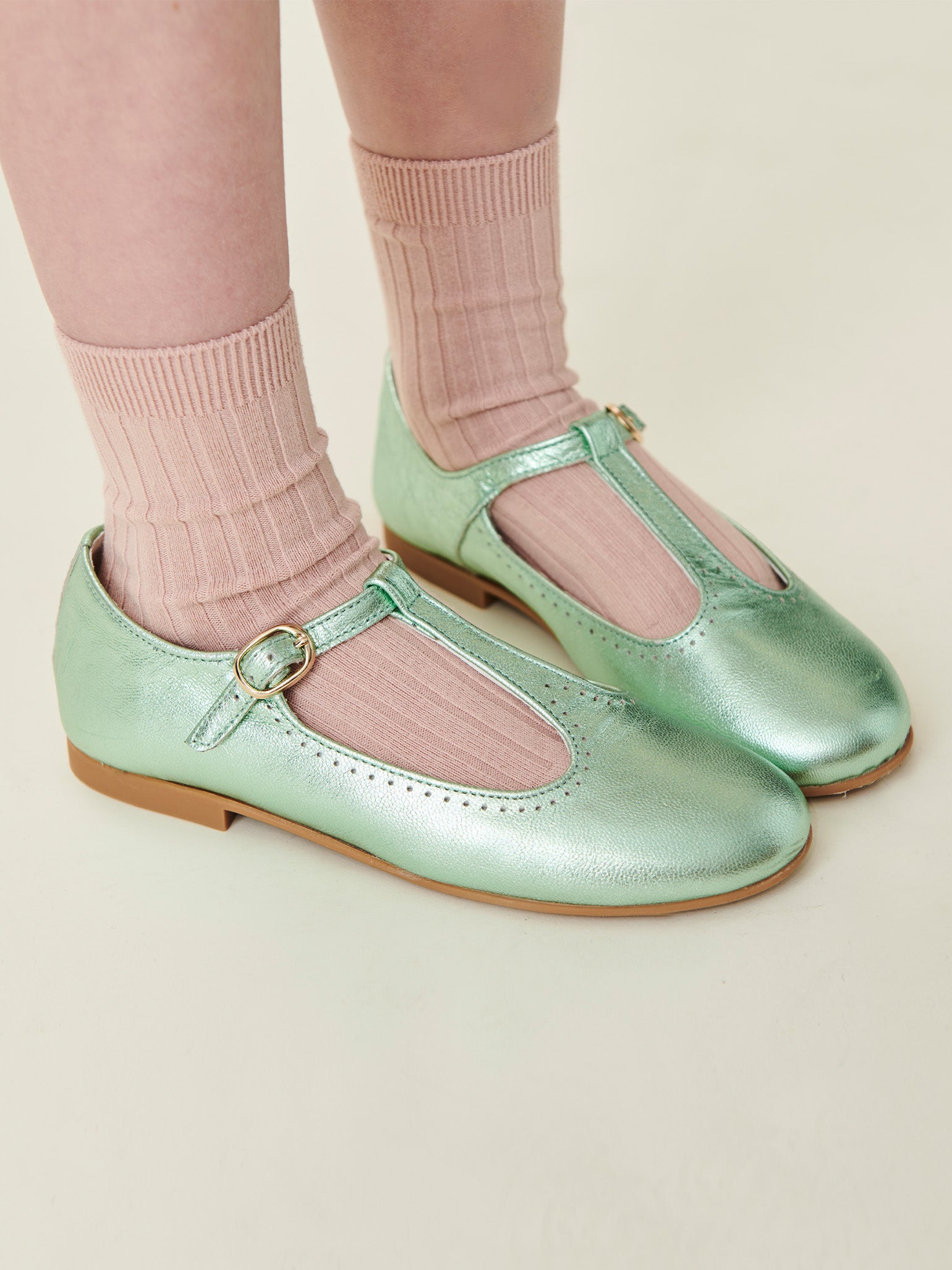 Metallic Green Leather Girl T-Bar Shoes