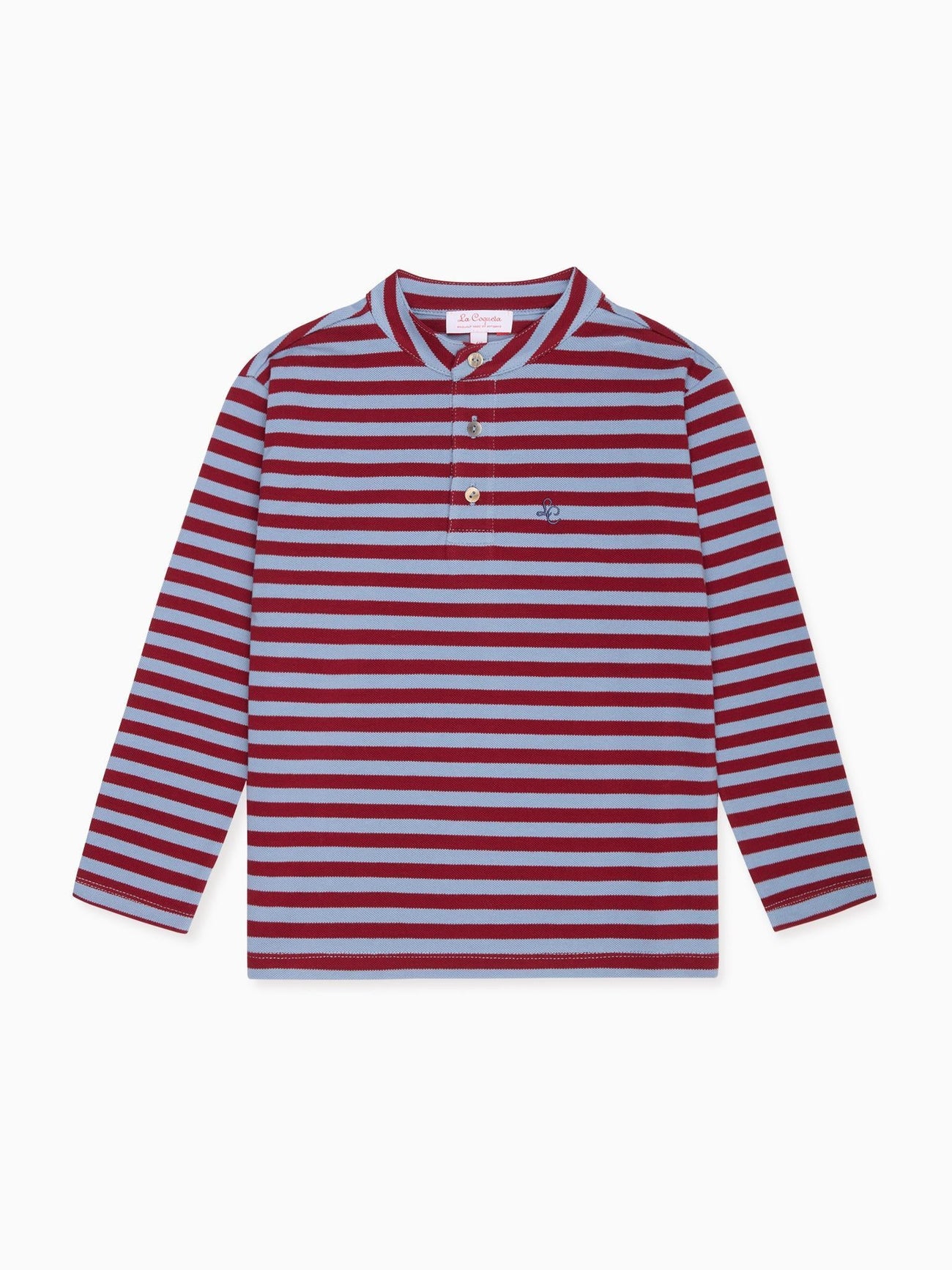Dusty Blue & Burgundy Stripe Alcomo Long Sleeve Boy Polo Shirt