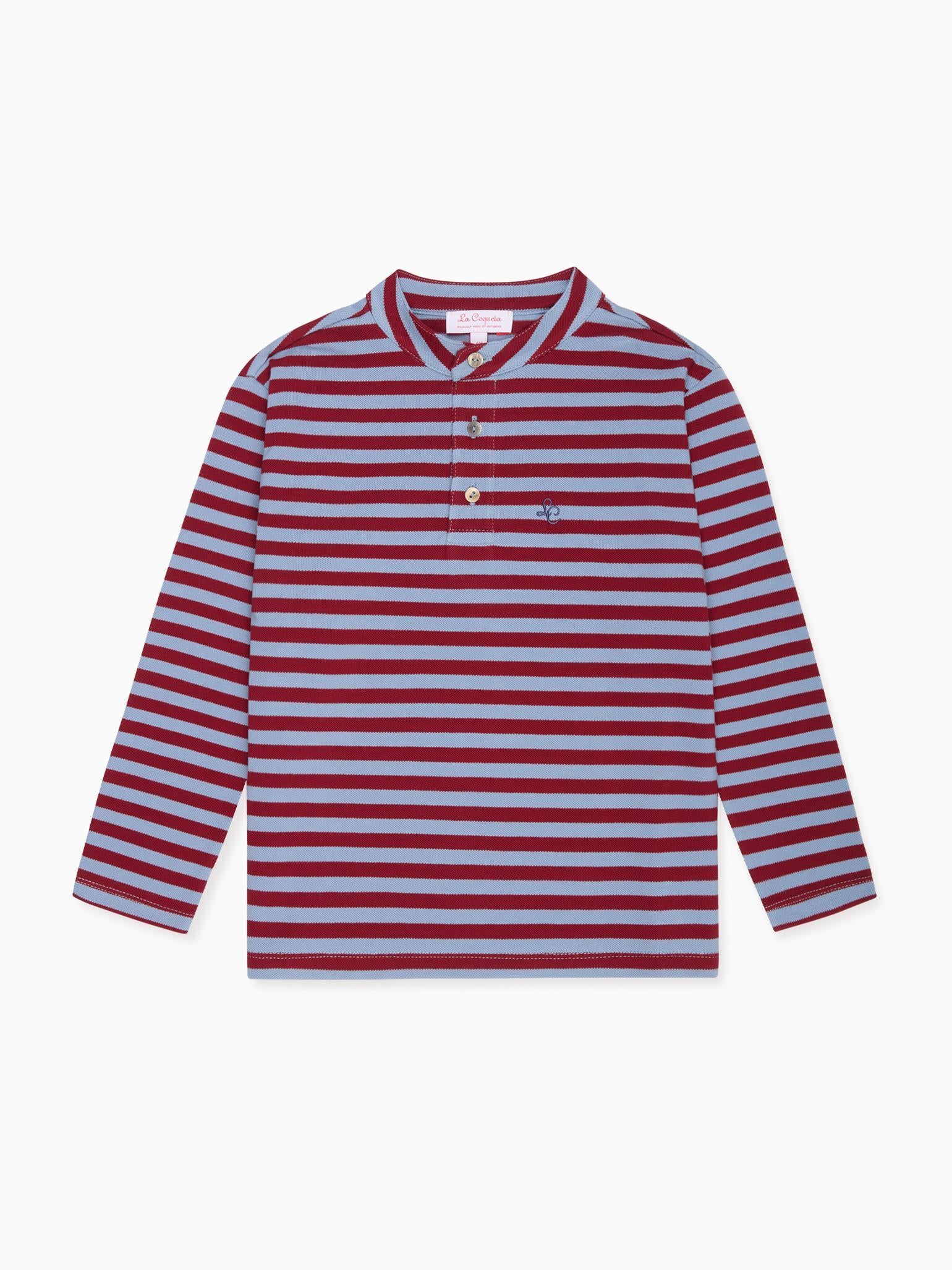 Dusty Blue & Burgundy Stripe Alcomo Long Sleeve Boy Polo Shirt