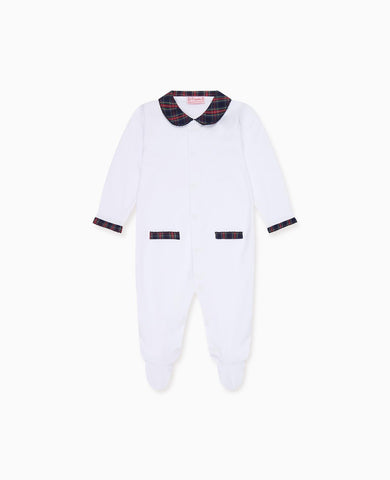 White & Navy Tartan Lindo Baby Sleepsuit