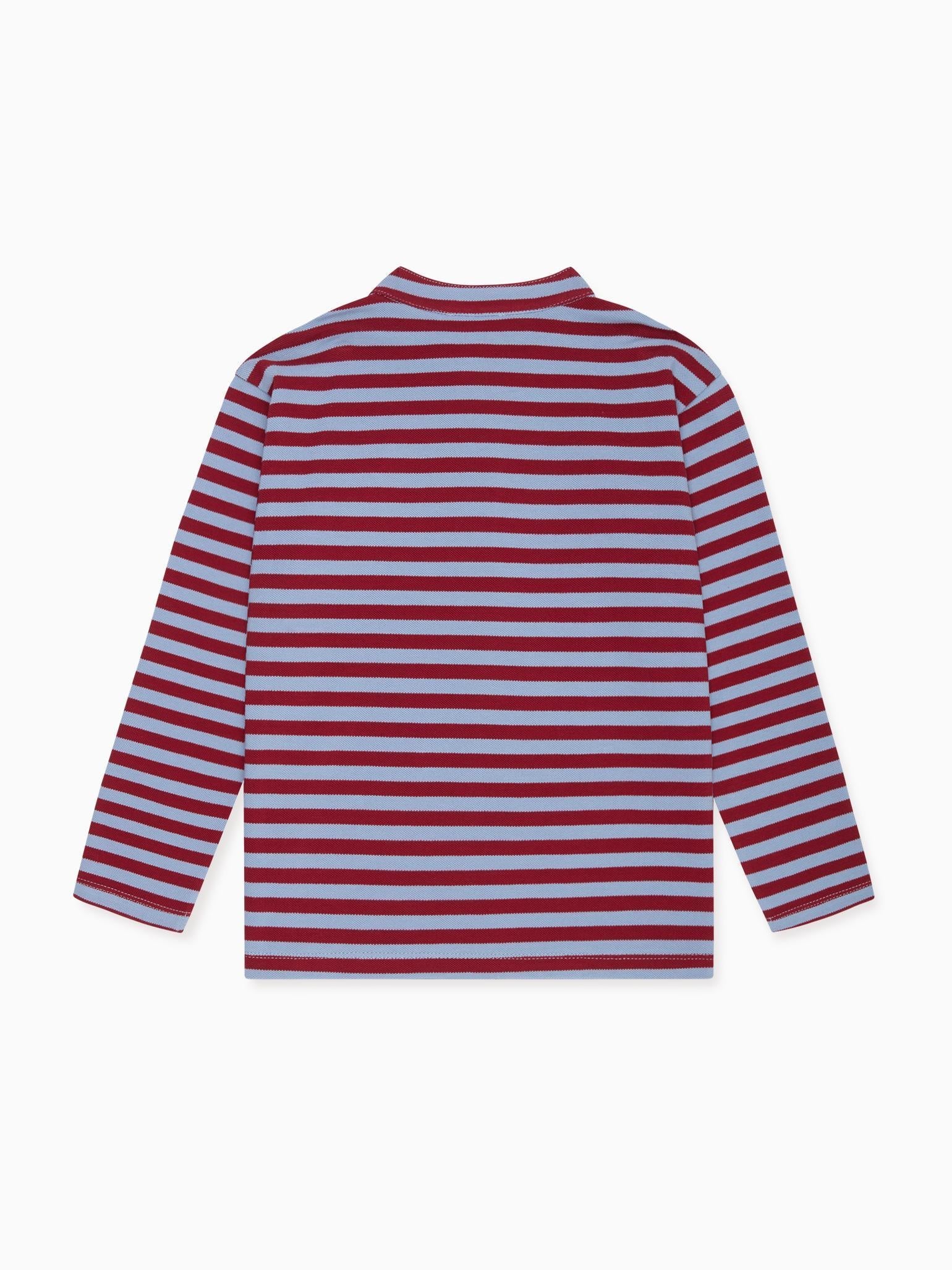 Dusty Blue & Burgundy Stripe Alcomo Long Sleeve Boy Polo Shirt