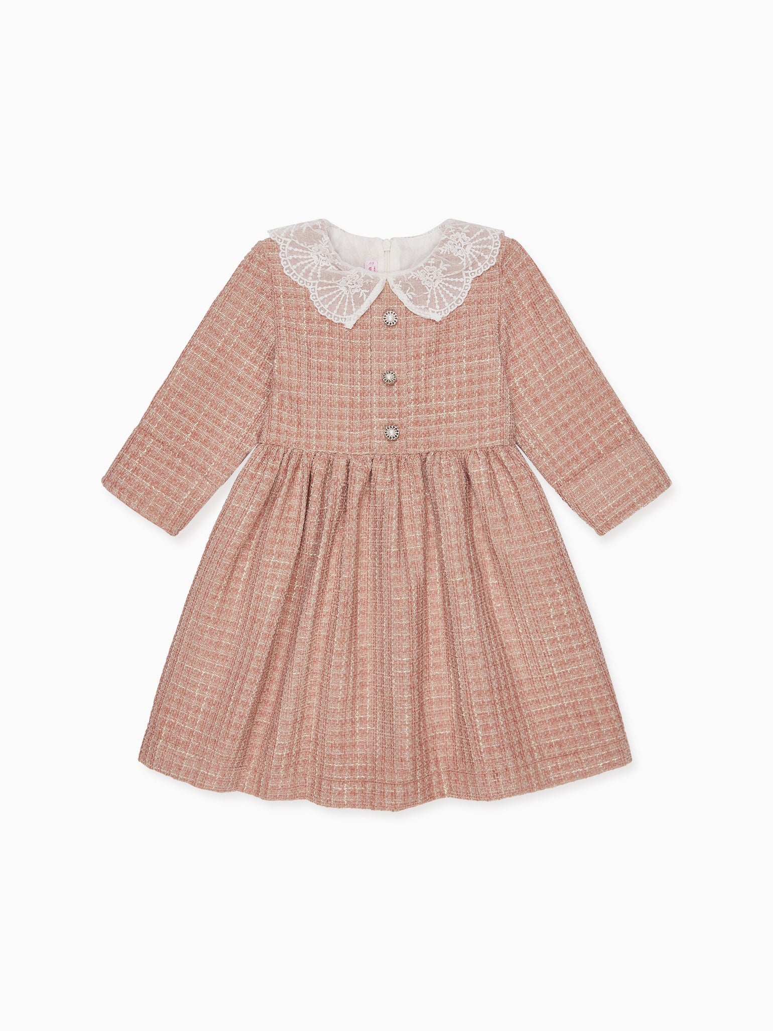 Elegant pink tweed children's dress with lace Peter Pan collar and decorative buttons, perfect for a special occasion.