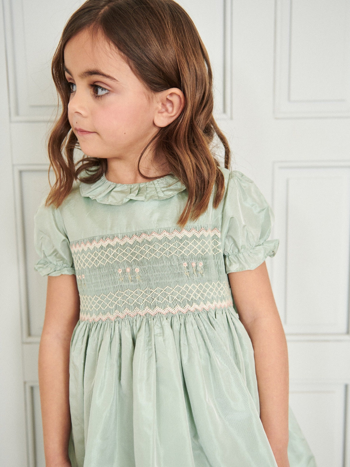 sage green smocked dress Verity Silk Ceremony Girl Hand-Smocked Mini dress