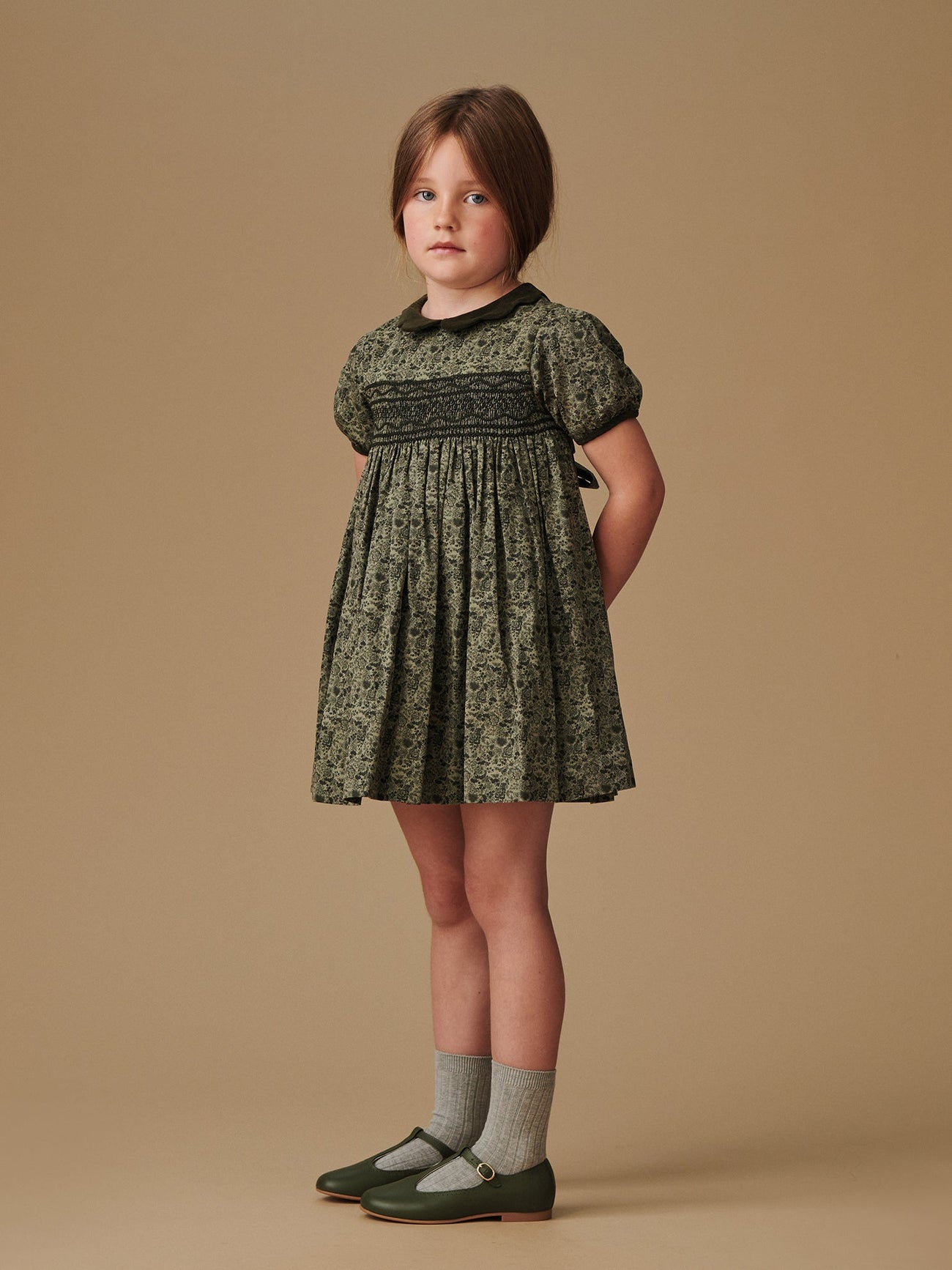 Green Floral Victoria Girl Hand-Smocked Dress