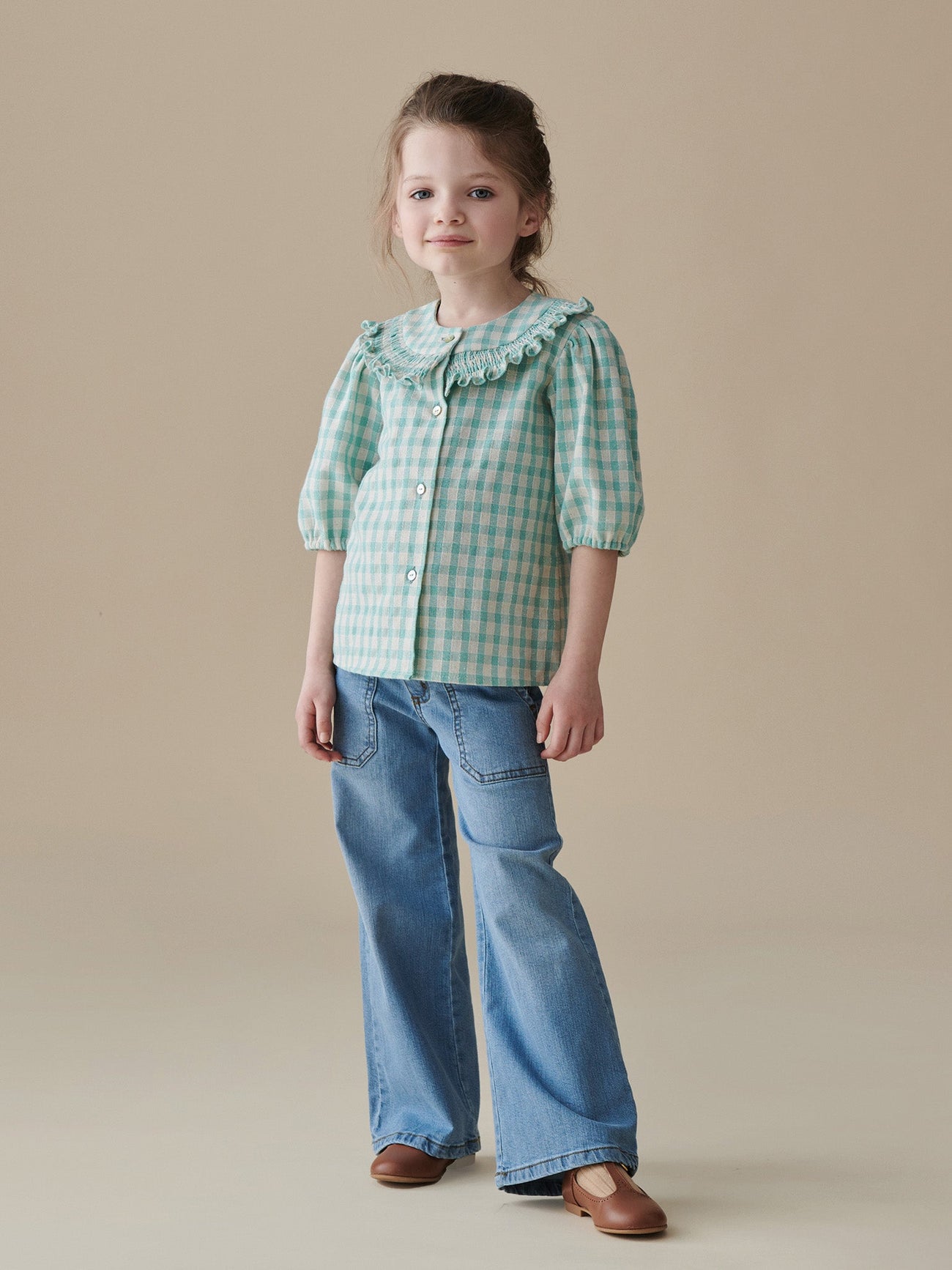 Sage Gingham Violetta Hand-Smocked Girl Shirt