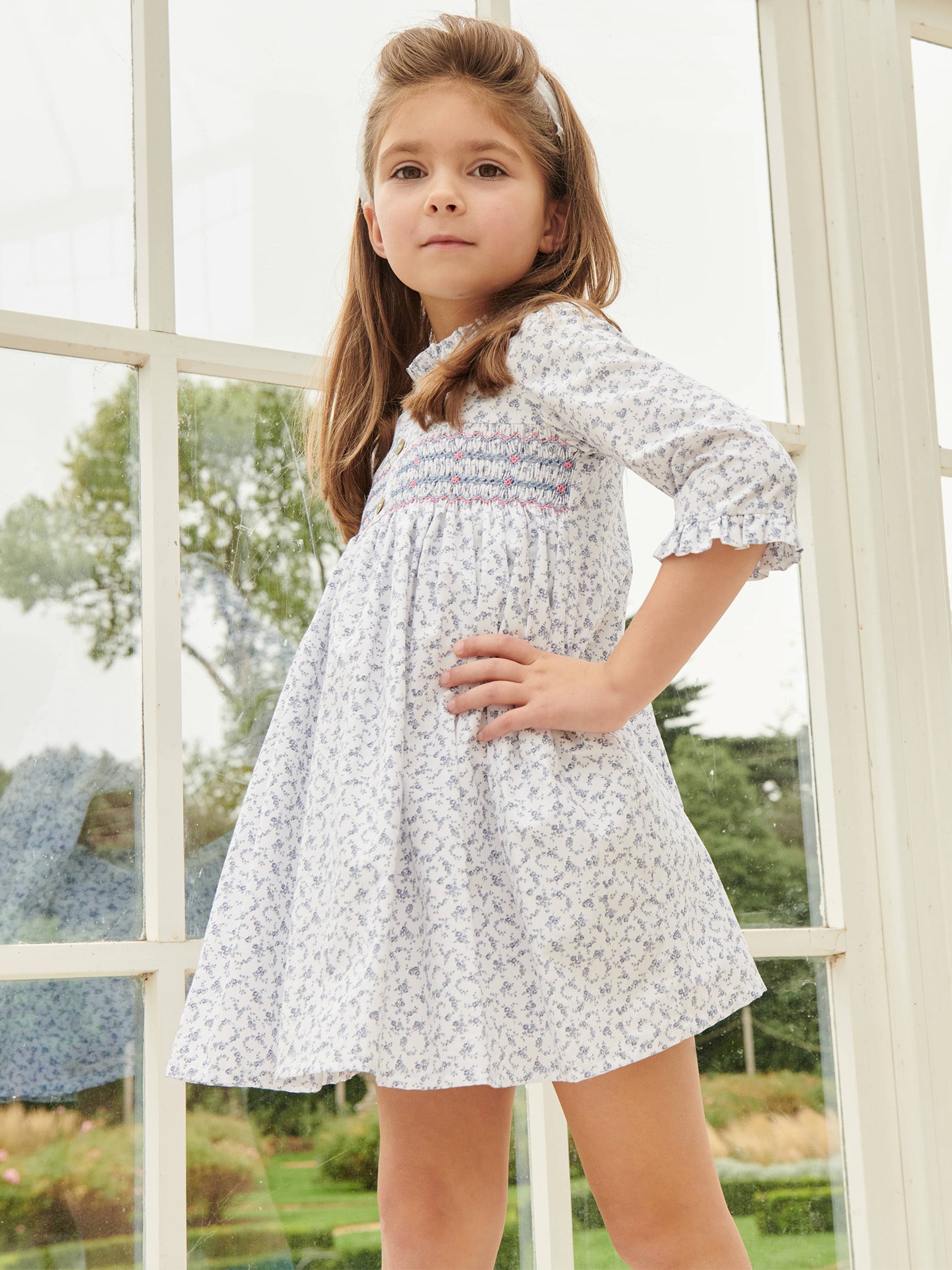 Blue Floral Azulina Girl Smock Dress