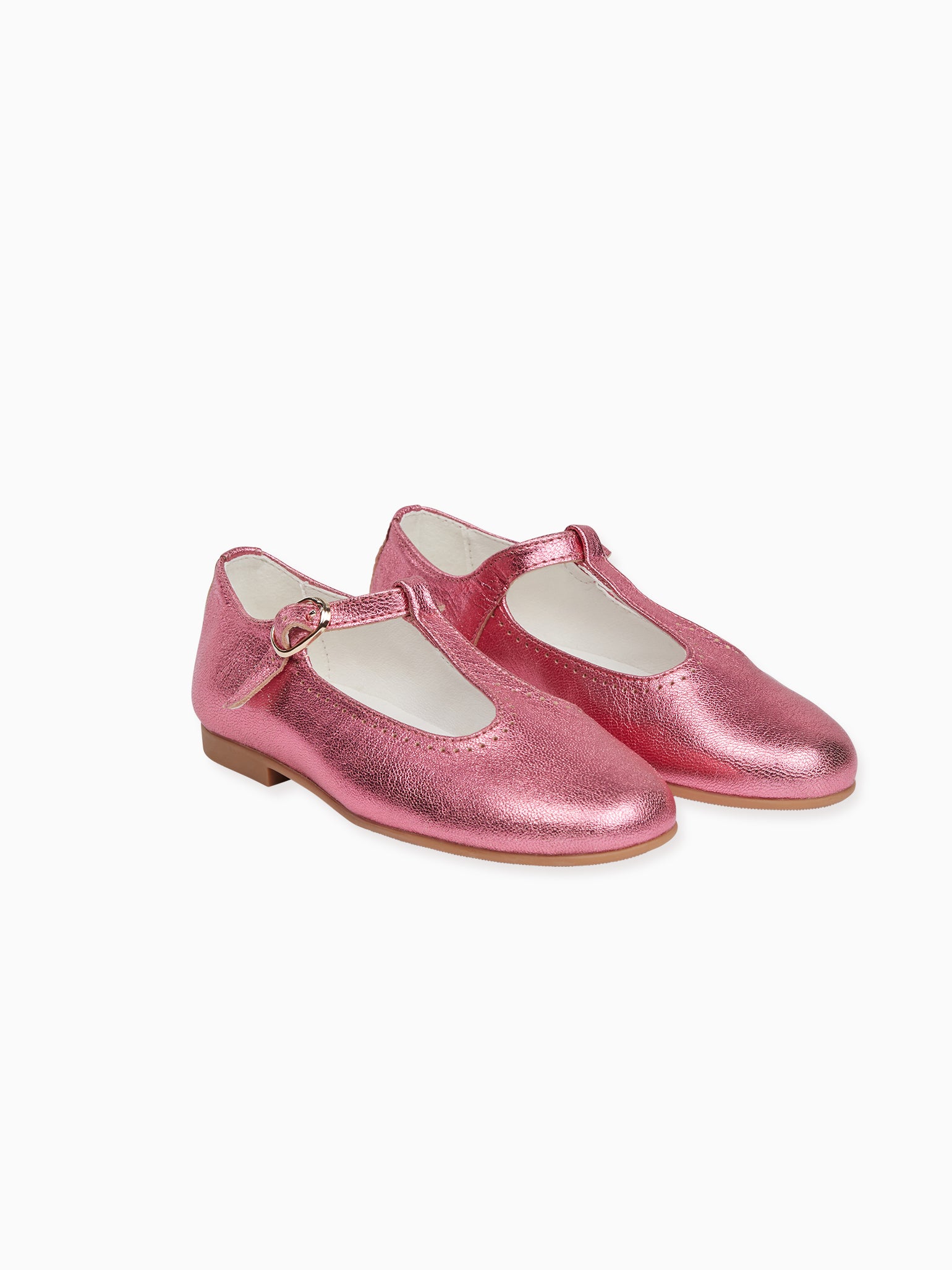 Pink Metallic Leather Girl T-Bar Shoes