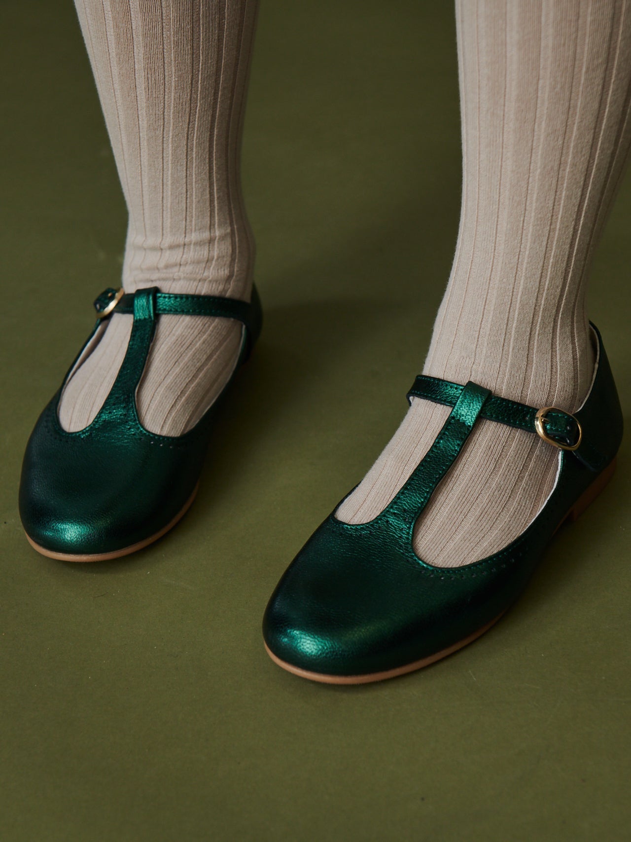 Green Metallic Leather Girl T-Bar Shoes