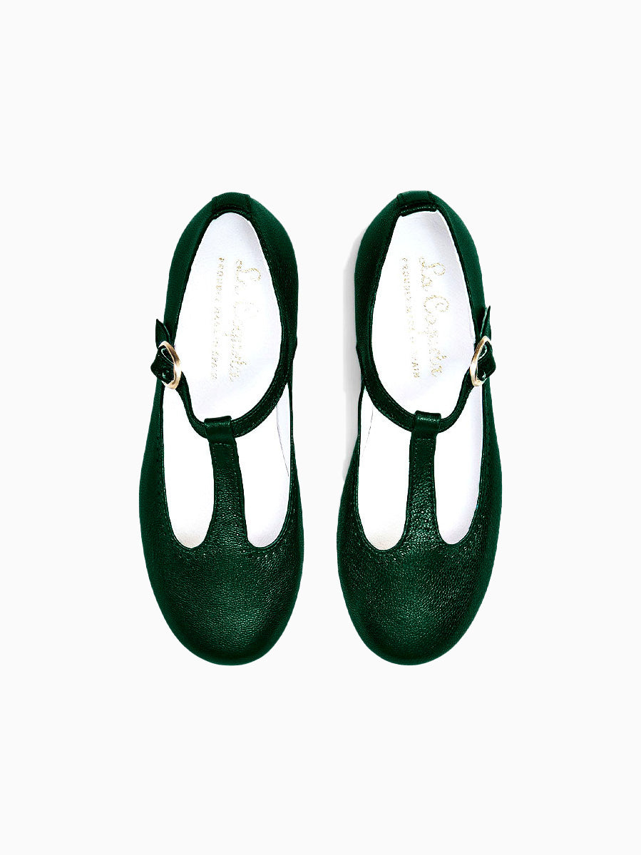 Green Metallic Leather Girl T-Bar Shoes