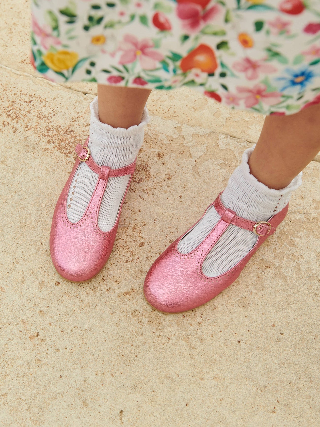 Pink Metallic Leather Girl T-Bar Shoes