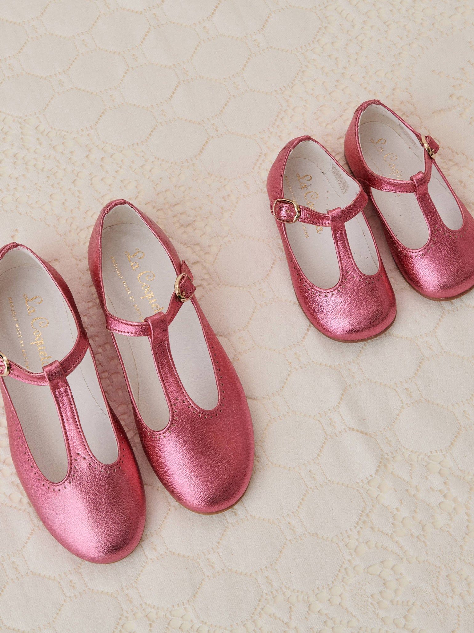 Pink Metallic Leather Girl T-Bar Shoes