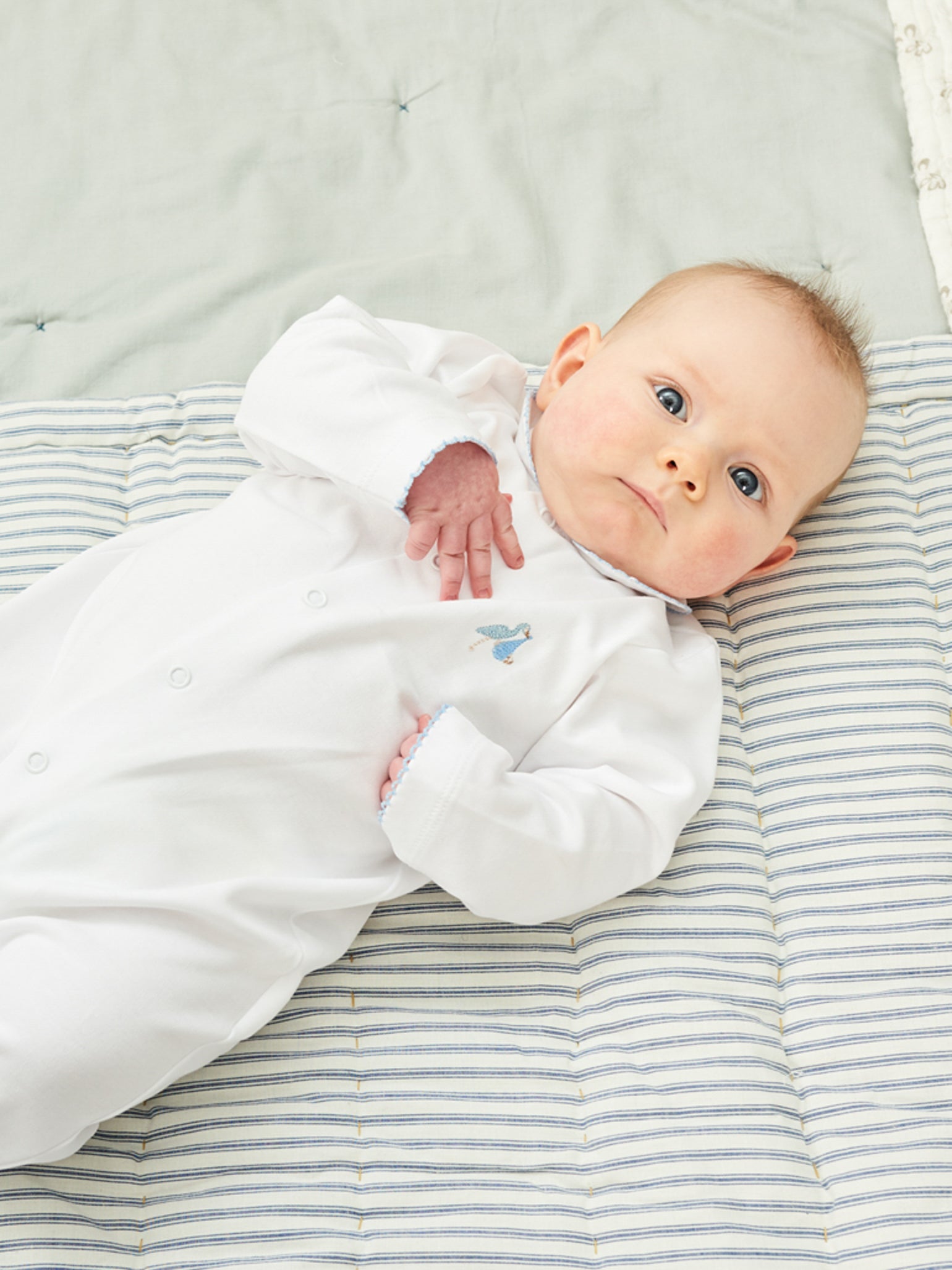 White Stork Embroidered Jersey Sleepsuit